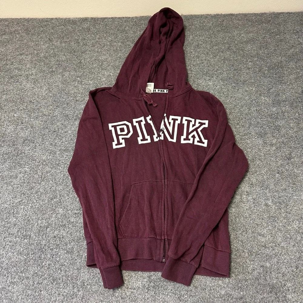 Pink Hoodie Womens Size Small Maroon Zip Up Logo Graphic Long Sleeve Sweatshirt